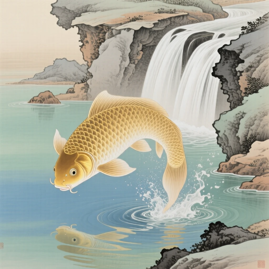 A single golden carp leaping from the water at the base of a small stone waterfall