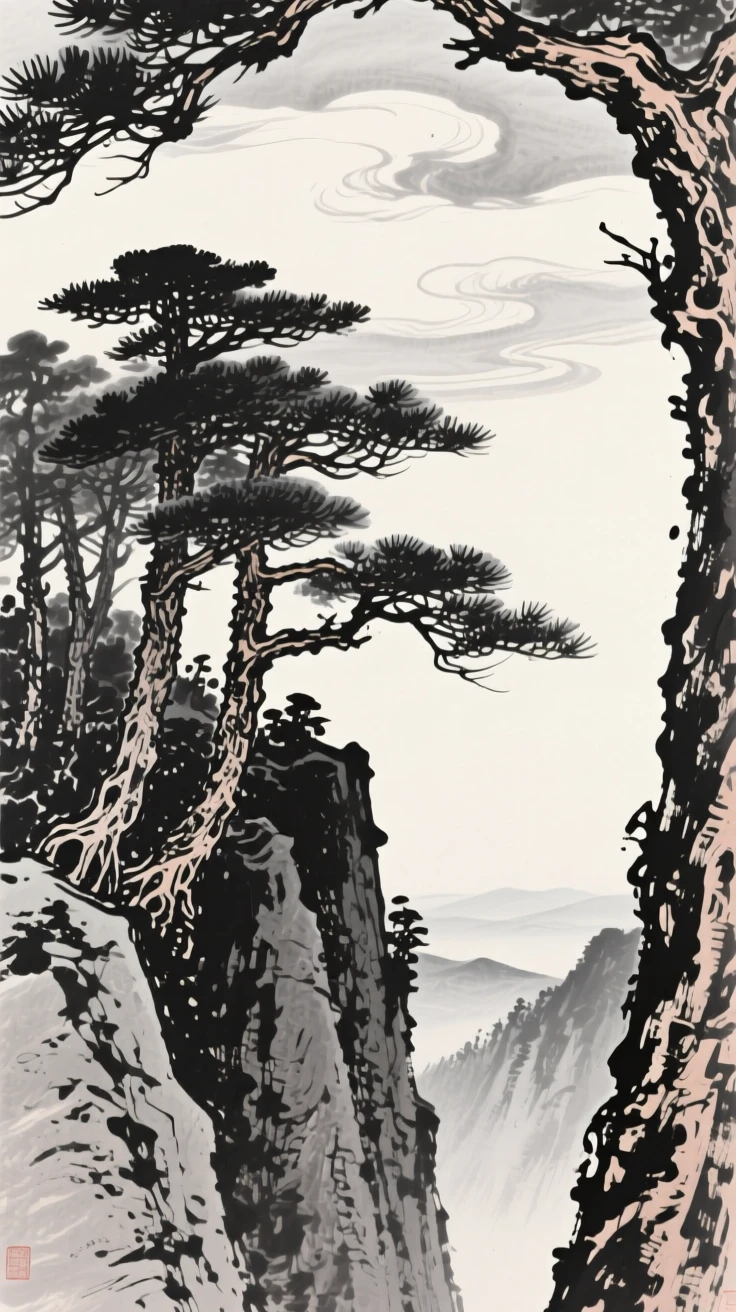A cluster of weathered pines clinging to a steep cliff face beneath a canopy of drifting cloud banks, framed through a gap in the trees, revealing the valley beyond, capturing a fleeting, serene moment suspended in time.
