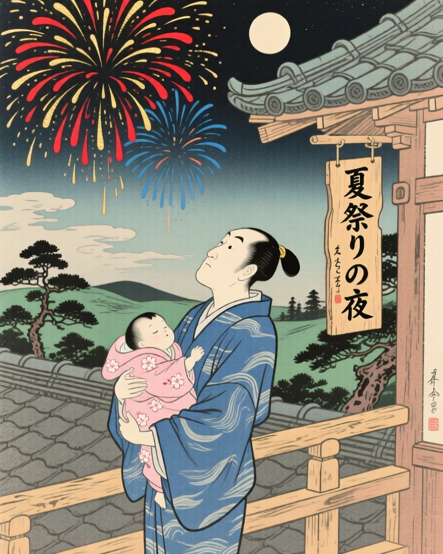 A father carrying his sleeping child watching fireworks together from a rooftop.