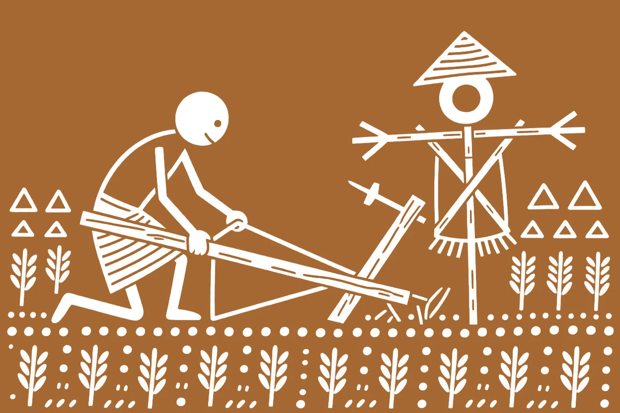 A farmer repairing a wooden plow building a scarecrow to protect the crops.