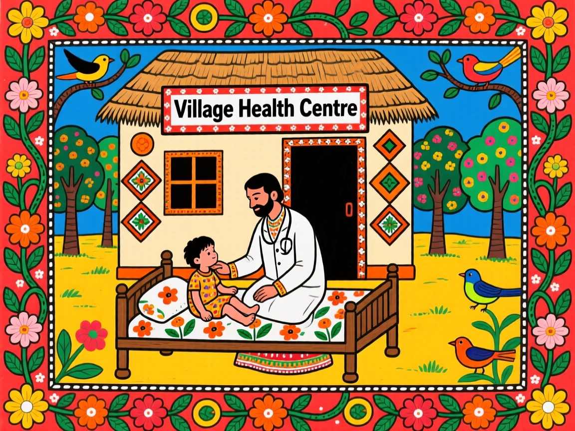 A doctor tending gently to a sick child in a quiet village clinic.