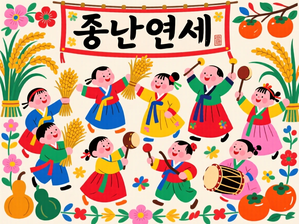 Children wearing colorful traditional clothing during a harvest festival.