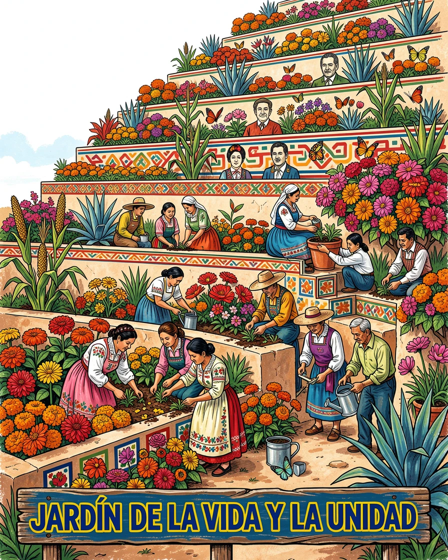 A terraced garden cascading down a hillside with colorful flowers