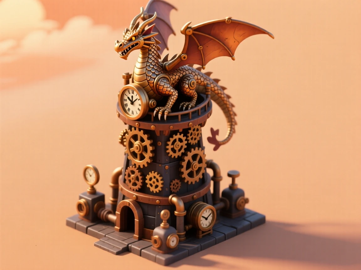 A steampunk clockwork dragon perched atop a gear-covered tower, brass scales gleaming under a hazy orange sky.