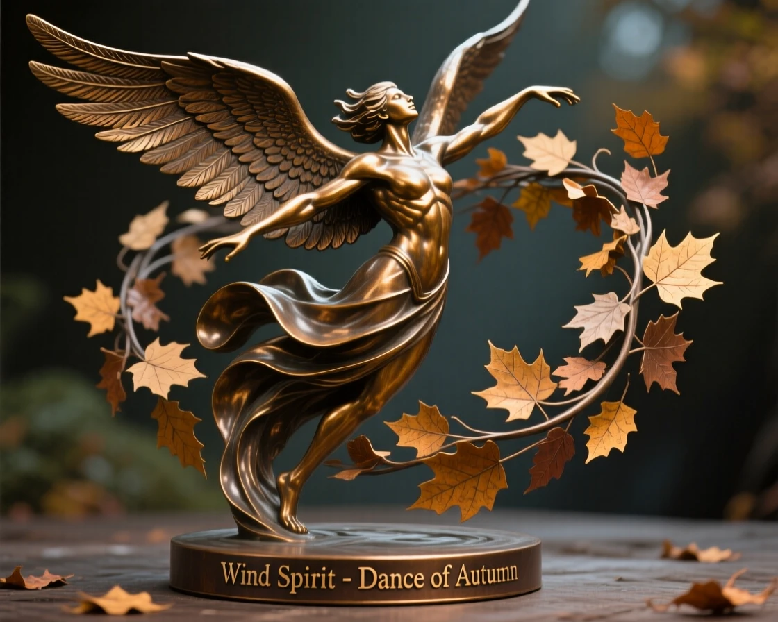 A wind spirit swirling autumn leaves into a dance, with wings fully outstretched in majestic display, radiating awe and grandeur