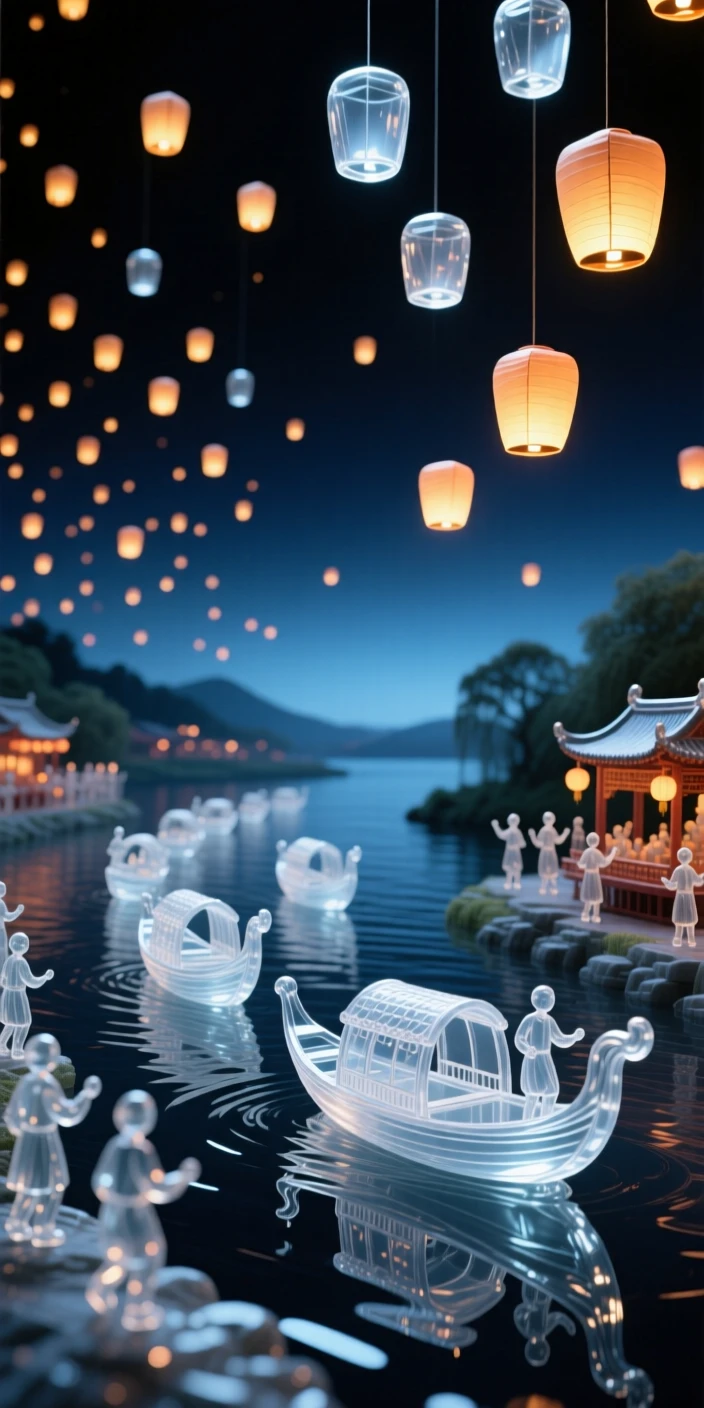 Beneath a sky lit by hundreds of floating lanterns, a boat parade drifting down a river during a water festival, while drums echo steadily through the crowd