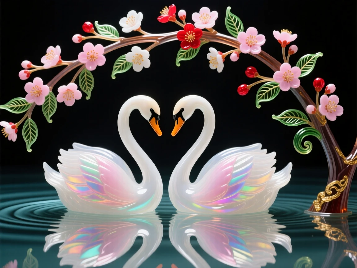 A pair of swans forming a perfect reflection beneath a blossoming cherry canopy, elegant and serene.