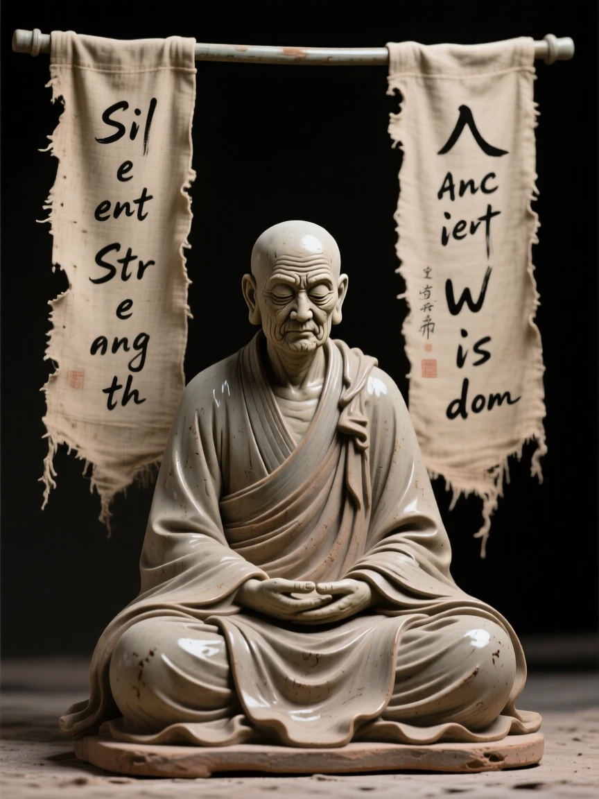 A warrior monk in quiet contemplation posed regally beneath draping banners, with weathered features telling silent stories, evoking reverence for ancient tradition.