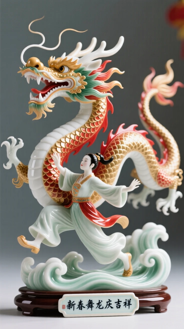 A vibrant Chinese New Year dragon dance celebration, captured mid-motion with dynamic energy.