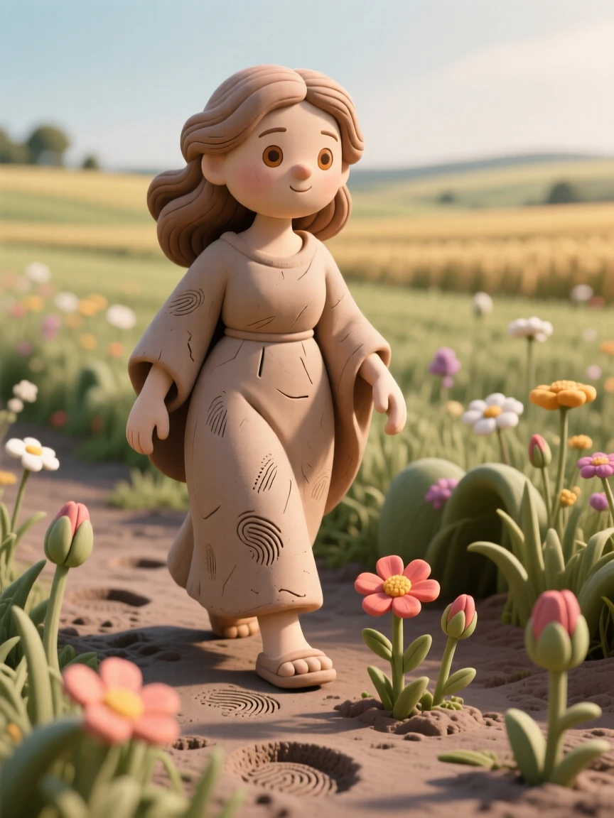 Demeter walking through fields as flowers bloom in her footsteps