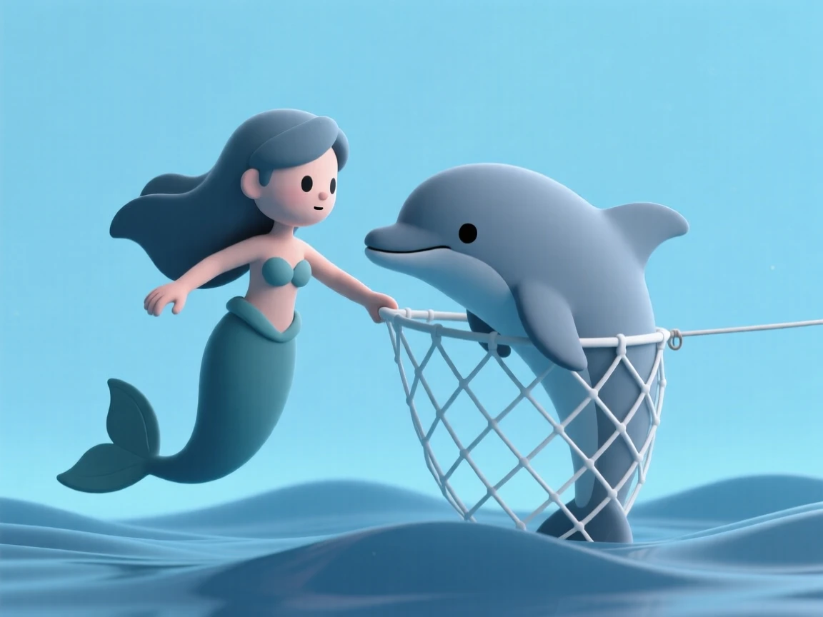 A brave young mermaid rescues a tangled dolphin from a fishing net, both swimming free together afterward.