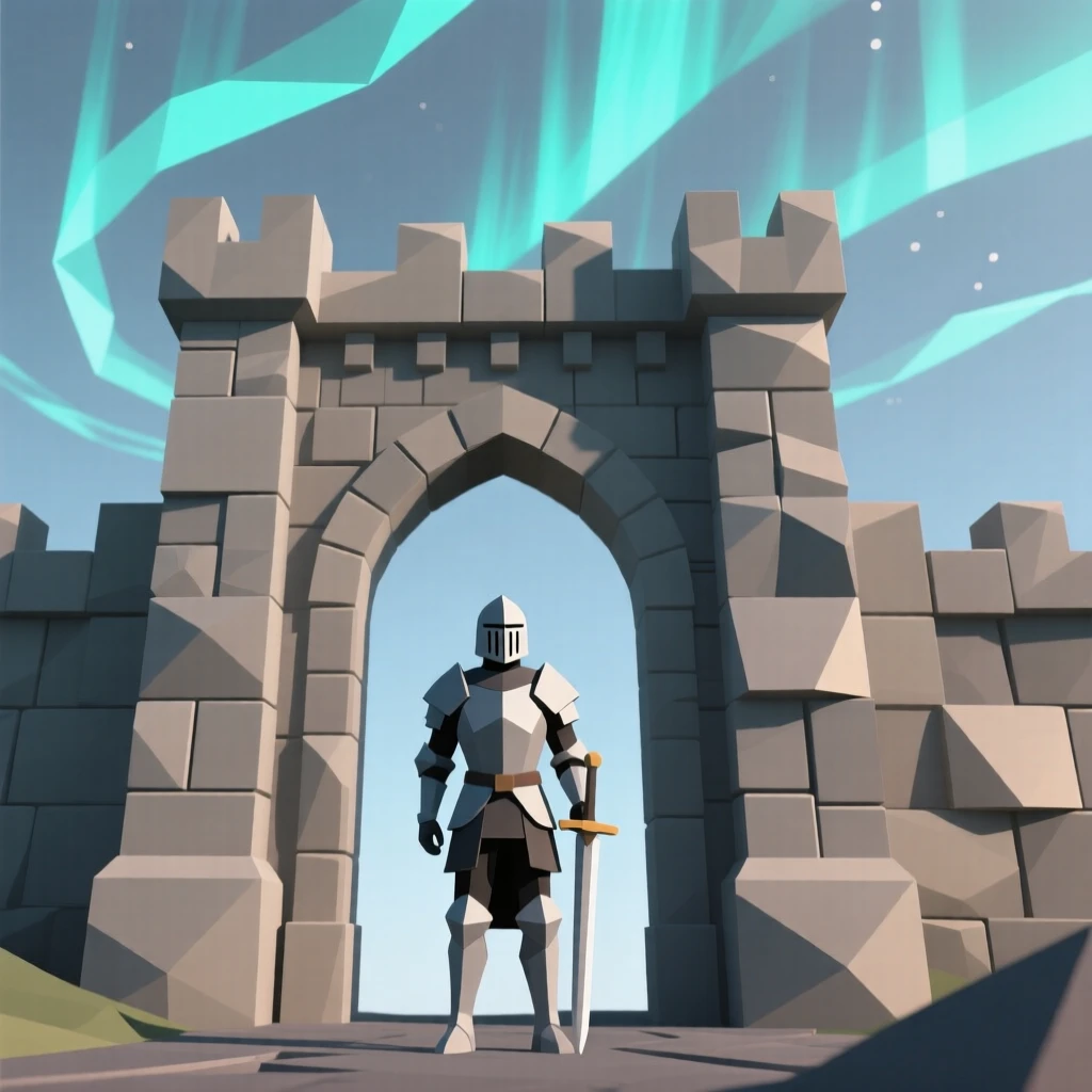 A knight standing before an ancient stone gate, beneath a sky filled with swirling aurora light. the scale of the scene emphasizes its grandeur. The moment feels suspended between worlds.