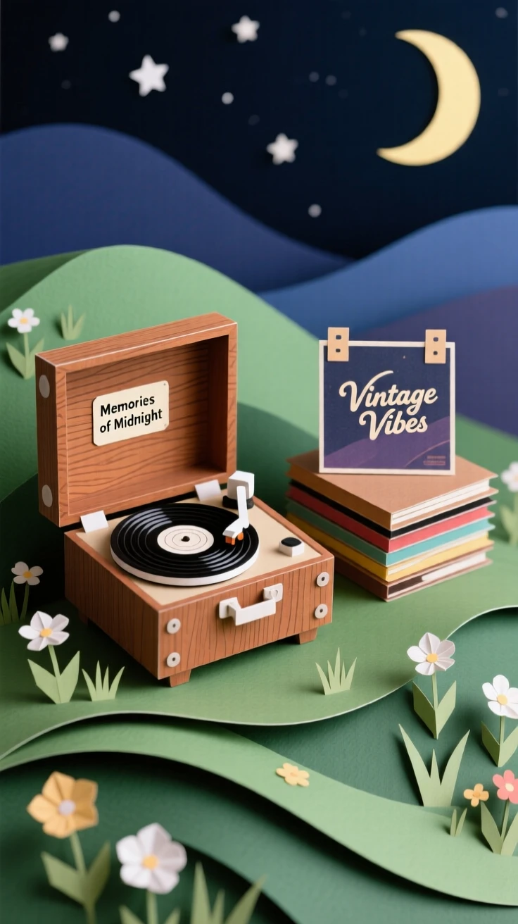 A vintage vinyl collector set up on a quiet hilltop at night, with soft music playing in the background, conveying quiet joy in a beloved pursuit.