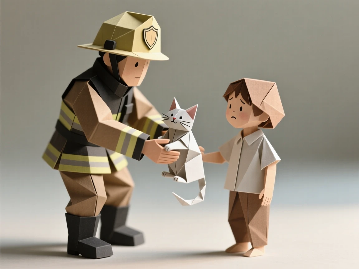 A firefighter gently handing a rescued kitten back to a relieved child.