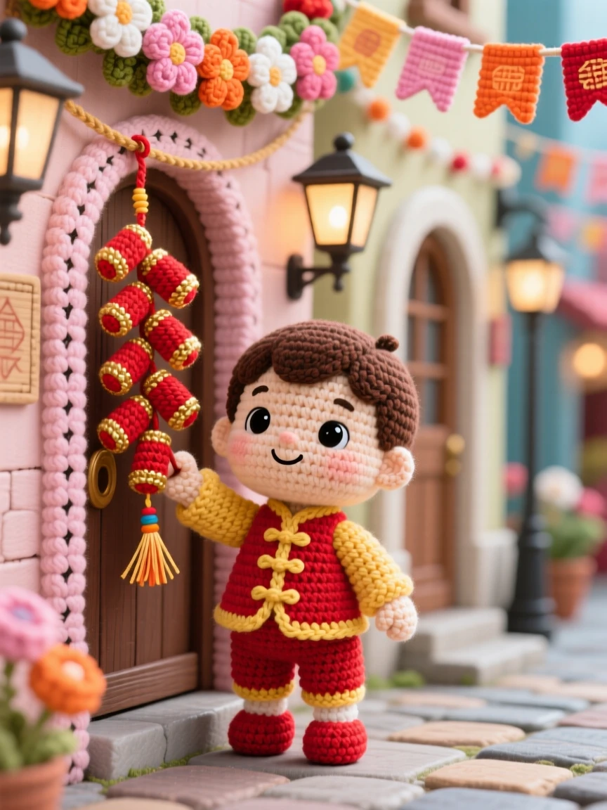A festive cultural scene of a small boy carrying a small string of firecracker decorations for a New Year celebration, hanging them along a doorway within a bustling street decorated for a festival; a garland of woven flowers draped nearby nearby, full of joyful community celebration and shared tradition.