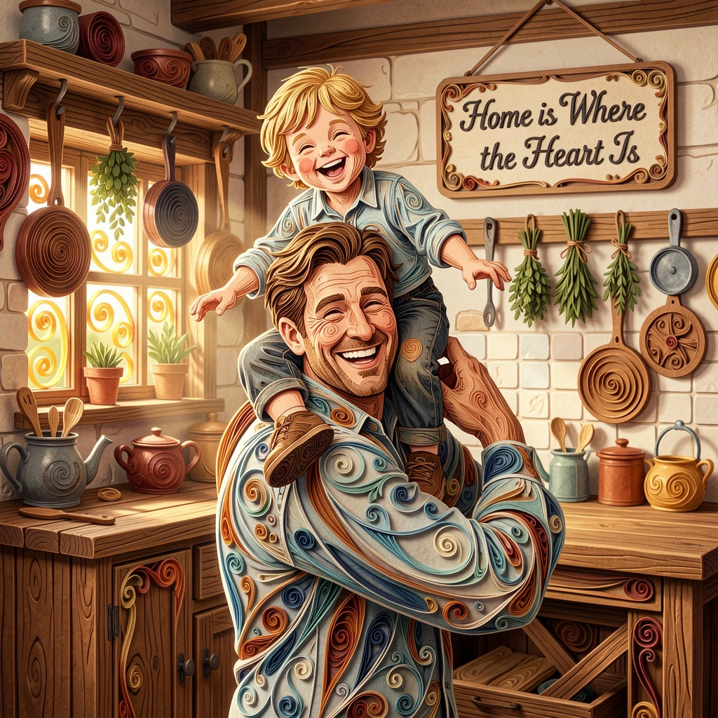 A heartwarming moment of a father lifting his laughing child onto his shoulders in a rustic farmhouse kitchen, with gentle sunlight highlighting joyful smiles, shown from a gentle, heartfelt eye-level perspective.