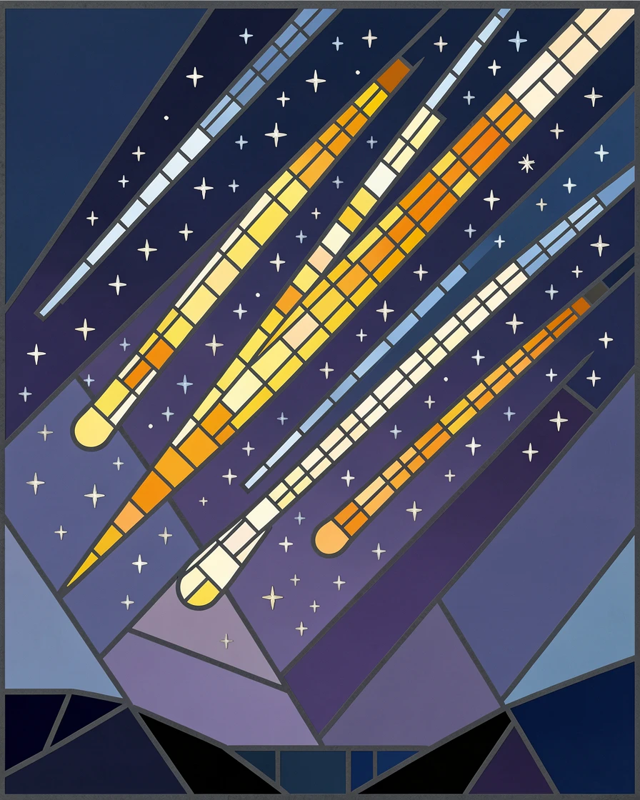 A meteor shower streaking across a star-filled night sky.