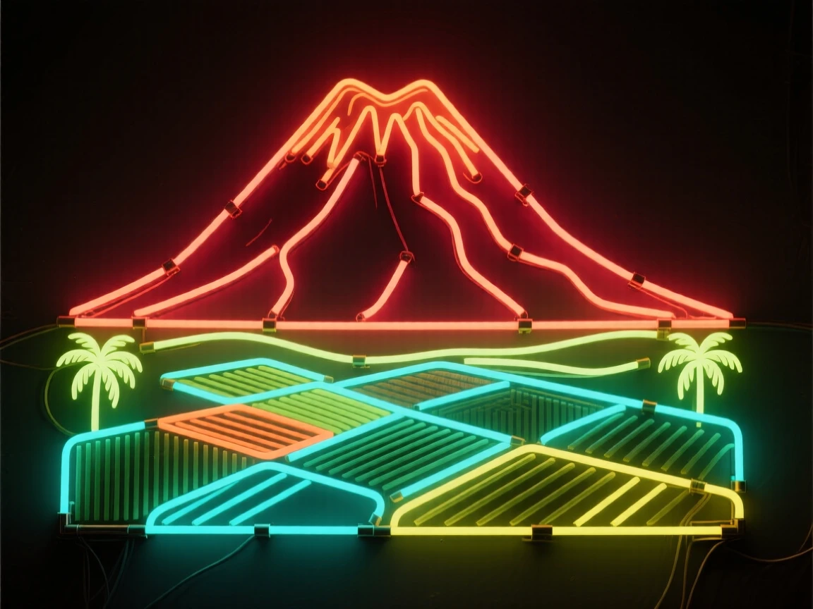 A volcanic mountain rising above a patchwork of tropical farmland.