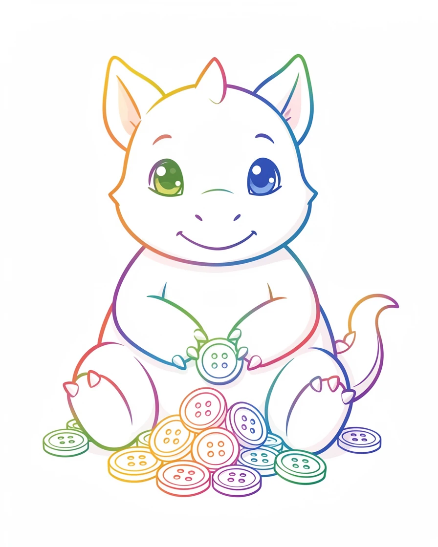 A round baby dragon character hoarding a small pile of shiny buttons.