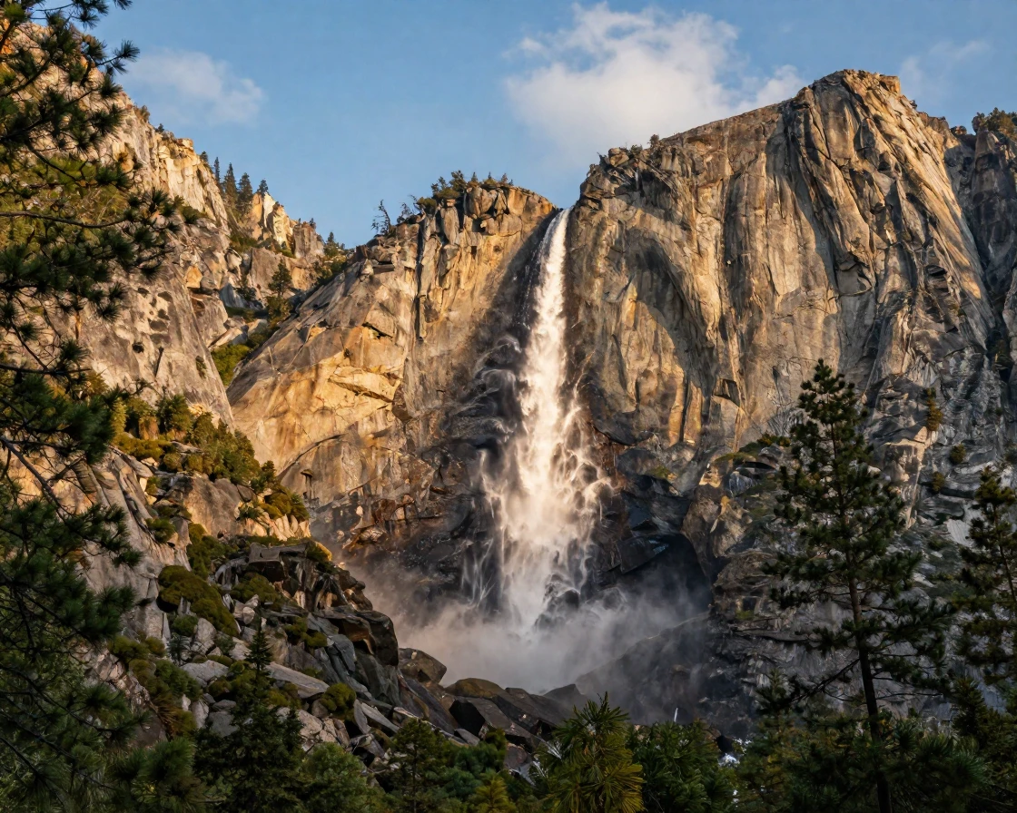 A Yosemite waterfall cascading down granite cliffs