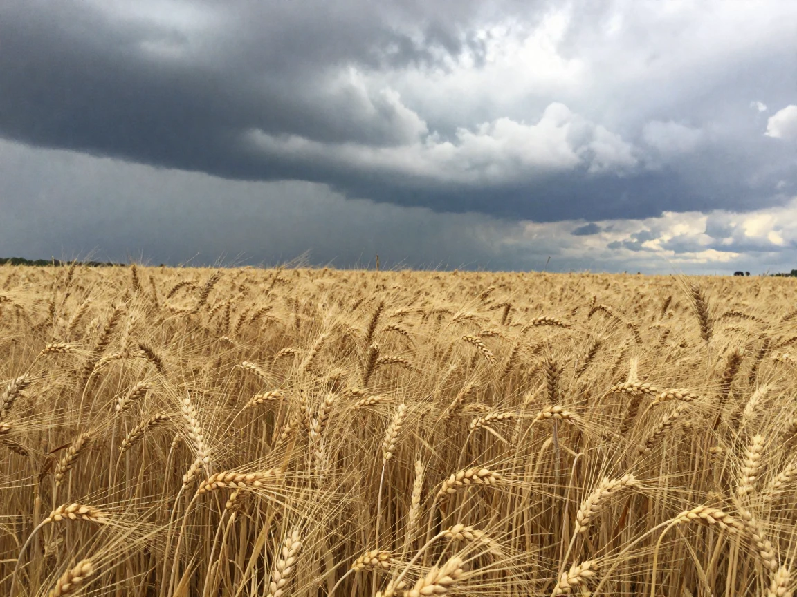 A field of golden wheat ripples beneath a dramatic storm-streaked sky.