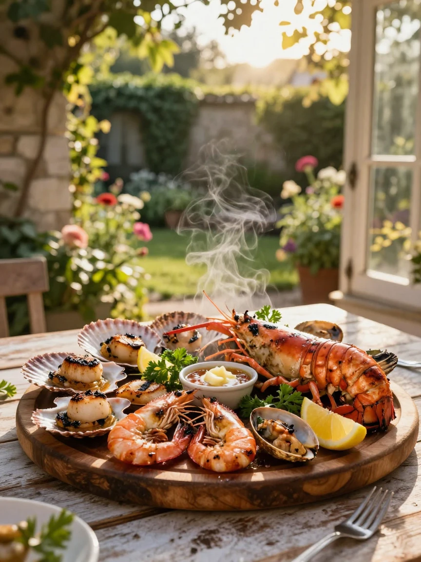 A platter of grilled seafood fresh off the coals, ready to be shared, beside an open window overlooking the garden