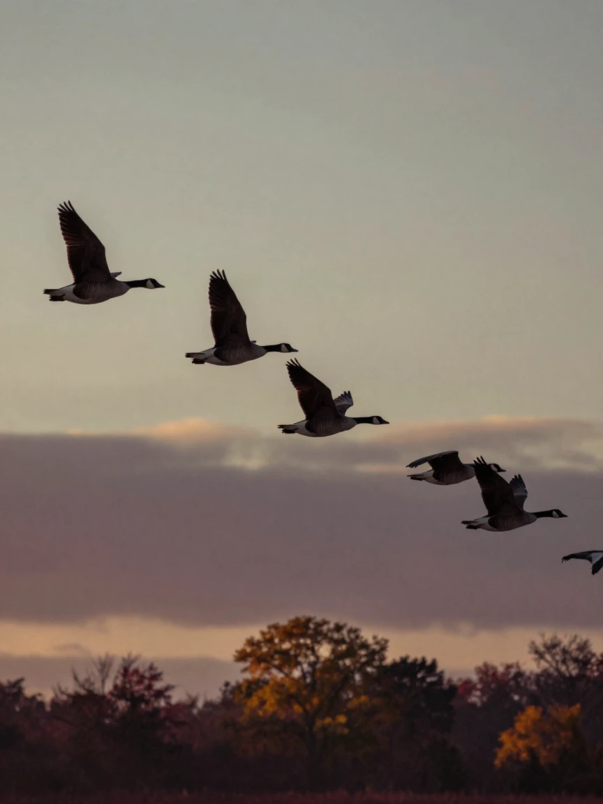 A flock of geese flying in formation across a dusky sky, in the pale light just before sunrise, under a light drizzle, as summer fades into fall, with rich burgundy and gold accents, from a three-quarter angle.