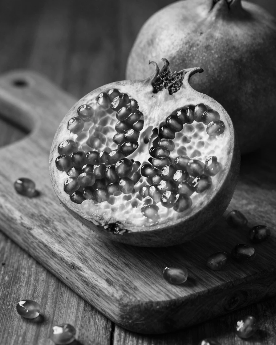 A ripe pomegranate splits open to reveal ruby-red seeds beside a wooden cutting board.
