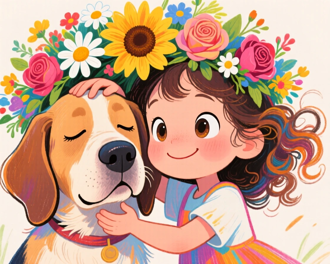 A little girl gently placing a flower crown on her patient dog's head.