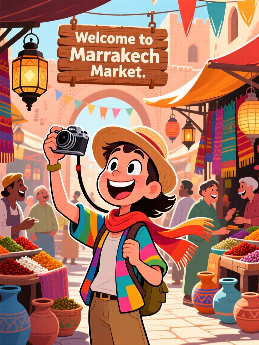 An iconic travel scene featuring a delighted tourist wandering through a bustling market in Marrakech, with cameras raised and wide smiles.