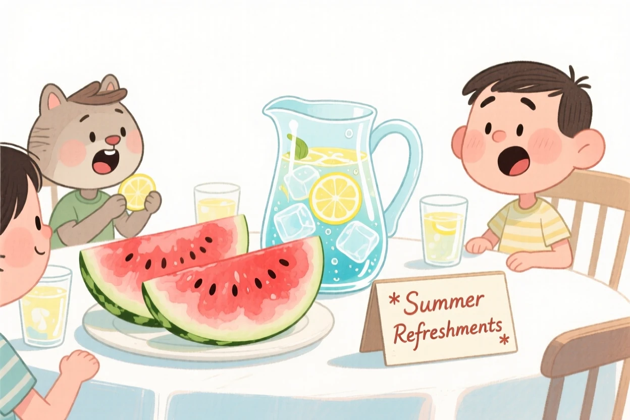 A cozy, appetizing, elegant and intimate scene of a summer table of watermelon slices and iced lemonade