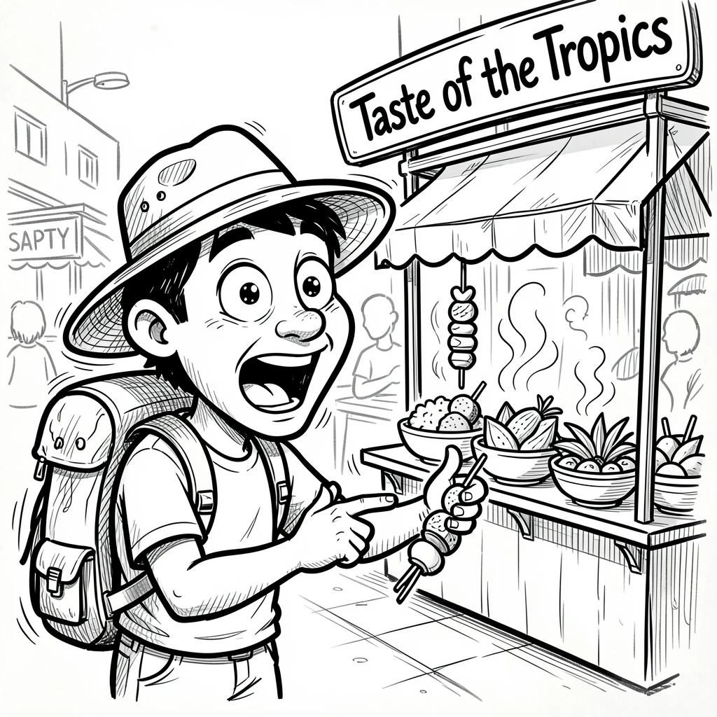 [Travel & Cultural Experiences] Vivid travel scene of a curious road tripper sampling exotic street food, full of wonder and adventure