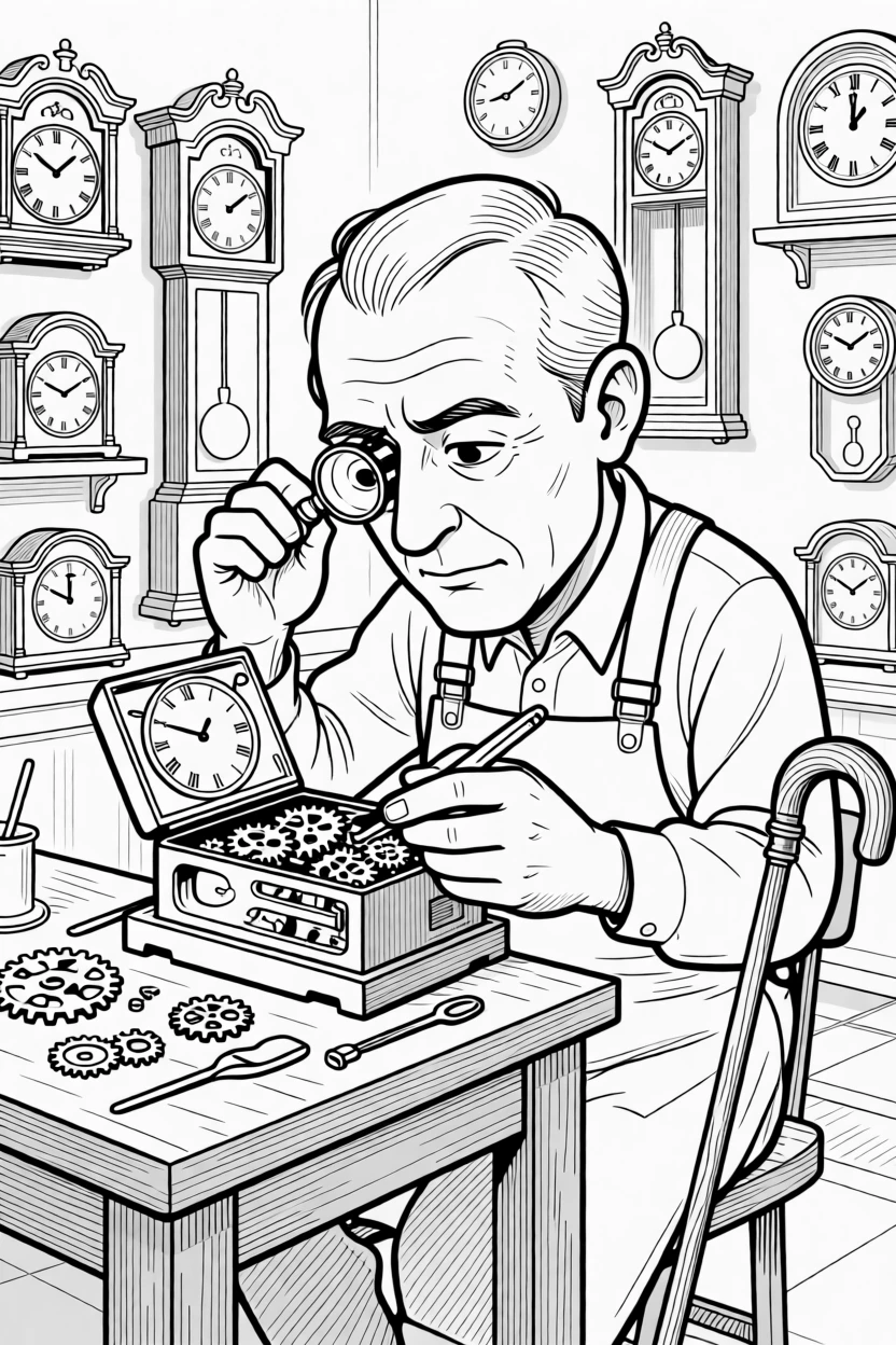 A grandfather clock repairman squinting through a loupe, adjusting tiny gears with surprising precision, set in a workshop filled with ticking clocks. A cane leans against a nearby bench, momentarily forgotten. There's a gentle, timeless warmth to the whole moment.