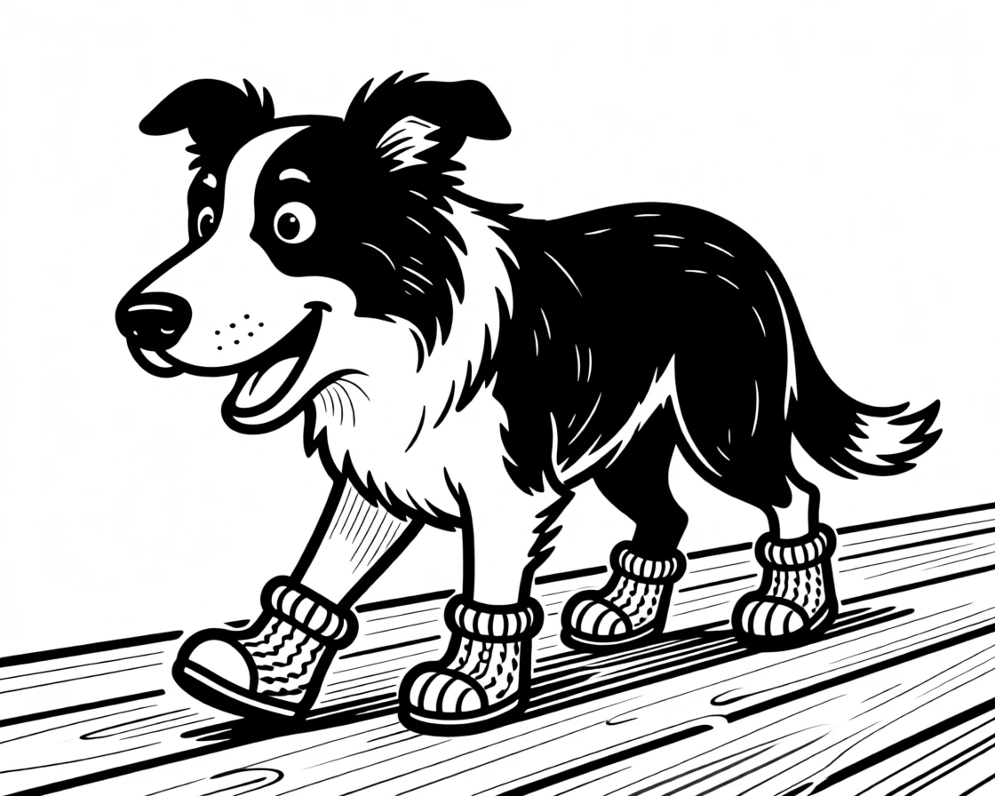 A border collie wearing a knitted booties set, taking careful first steps on a wood floor.