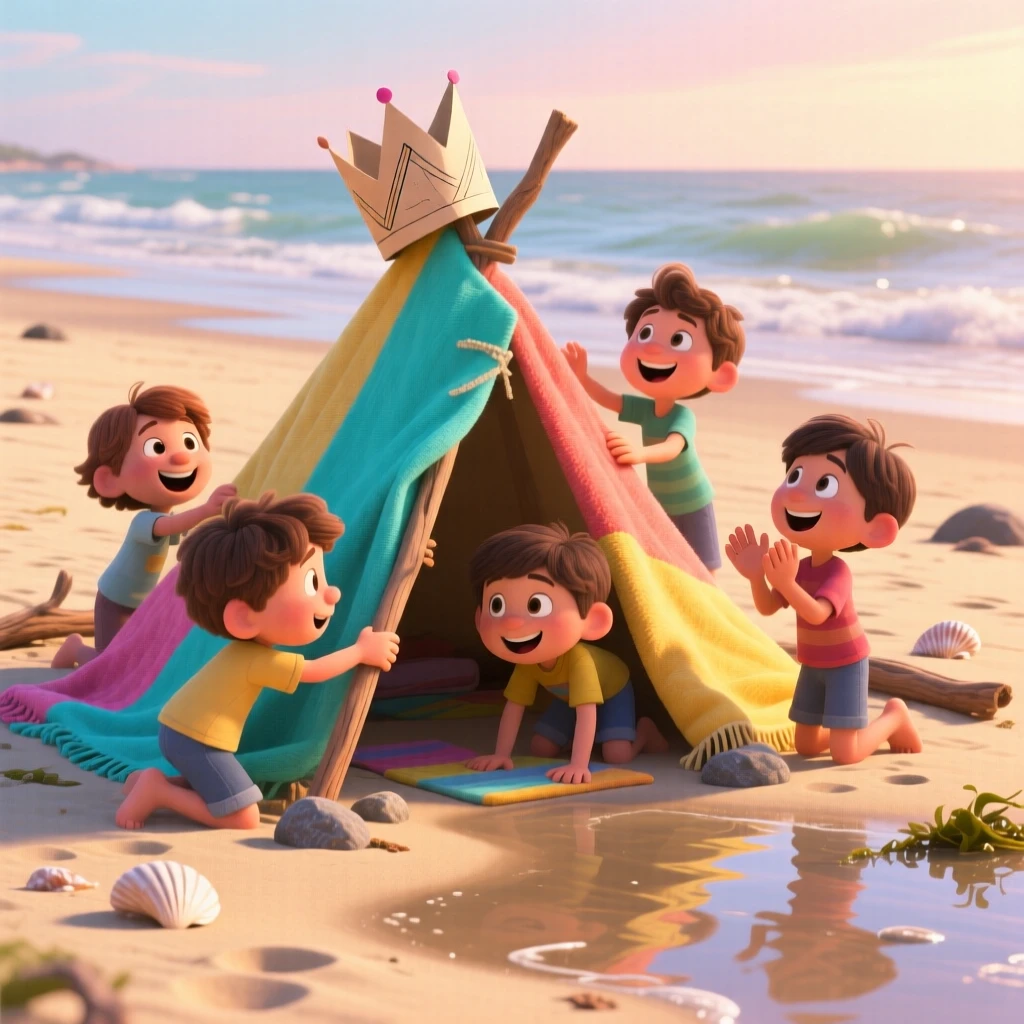 A group of kids building a blanket fort takes place on a sandy beach at low tide, with a paper crown perched slightly crooked. A carefree, adventurous energy fills the scene.