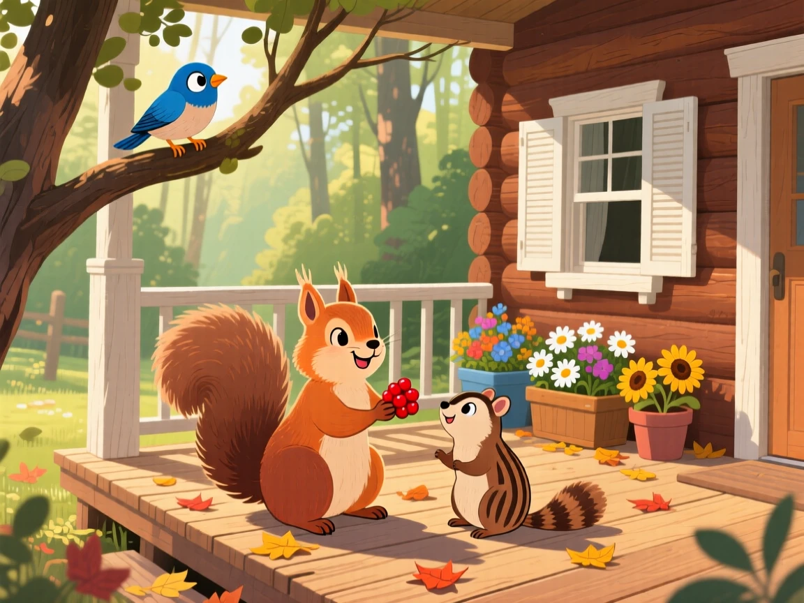 A bushy-tailed squirrel is sharing a berry with a friend in a cottage porch, while a curious bird watches from a branch.