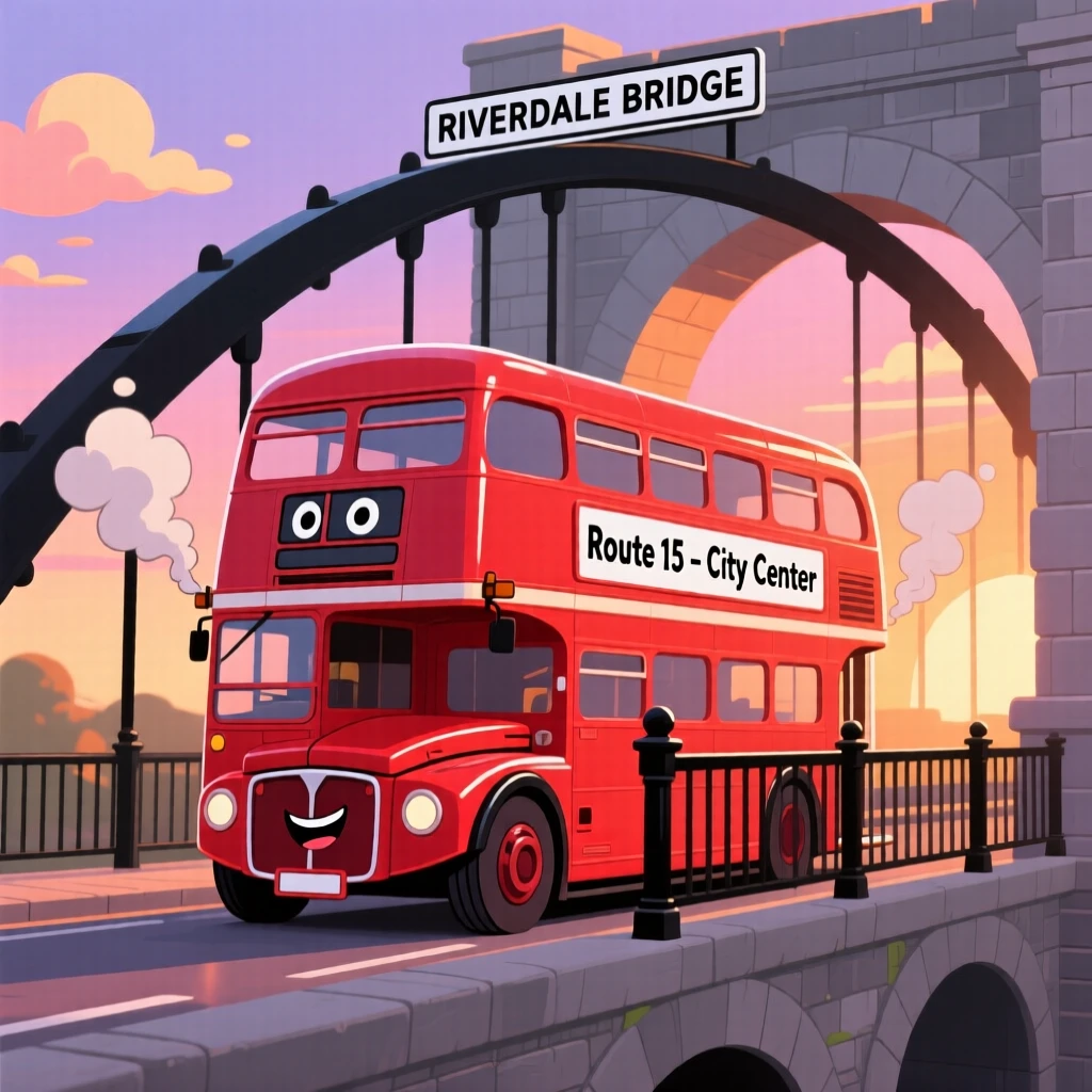 A red double-decker bus crossing a bridge in the evening light.