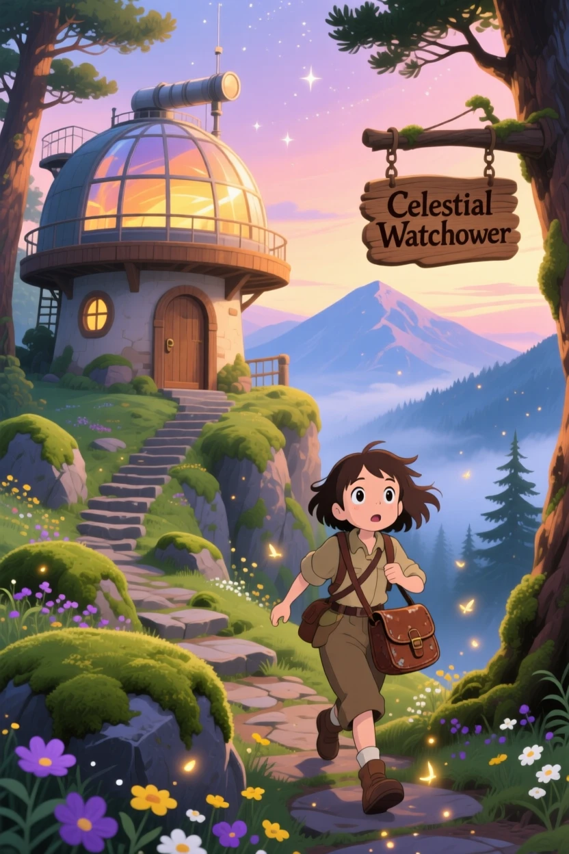 An explorer climbing toward a mountaintop observatory, the moment thrilling and full of wonder.