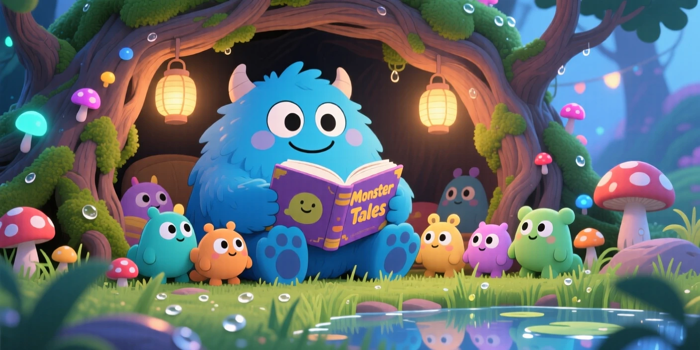 Low-angle shot looking up of a fluffy blue monster, reading a bedtime story to smaller monsters, in a cozy monster den, as morning dew glistens on the grass, illuminated by shimmering reflected light off water, radiating sleepy relaxation.
