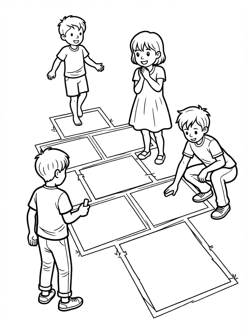 A group of children playing hopscotch on a chalk-drawn court