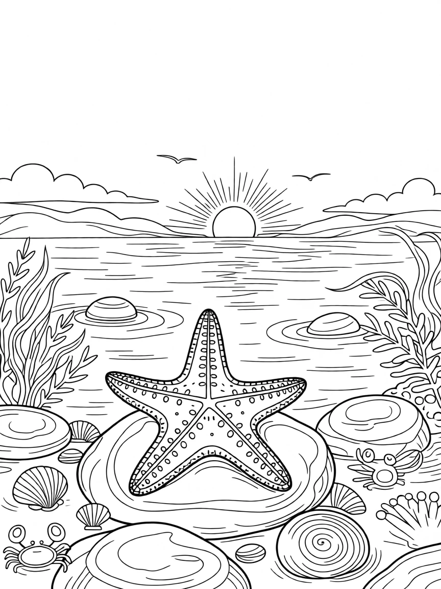A starfish resting in a tide pool at low tide, with a warm golden sunset lighting the horizon.