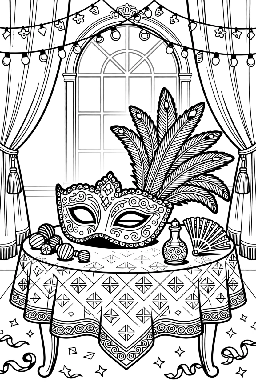 A carnival masquerade scene with an ornate feathered mask.
