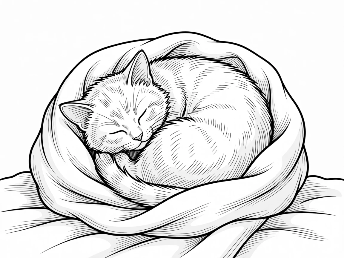 A round kitten wrapped in a cozy blanket