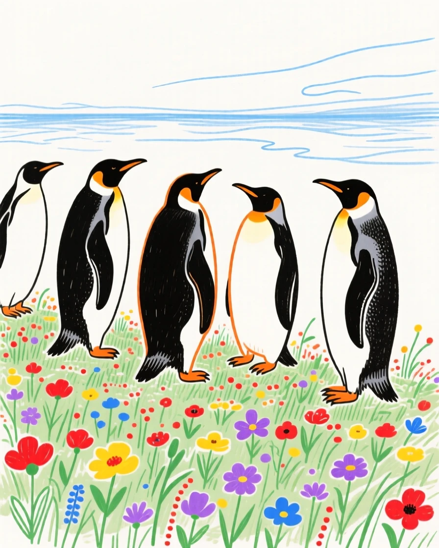 A group of penguins watching the horizon near a wildflower field on a quiet summer afternoon.