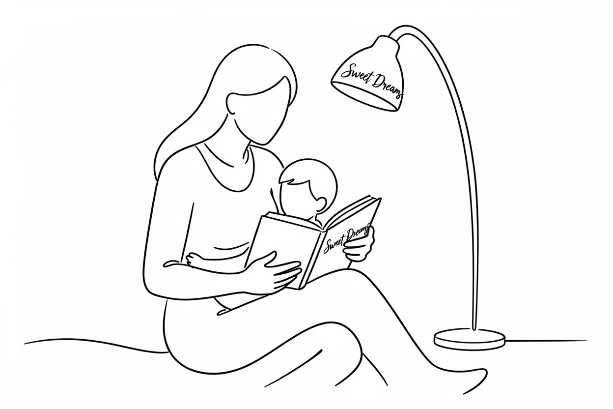 A mother reading a bedtime story to her child under soft lamplight
