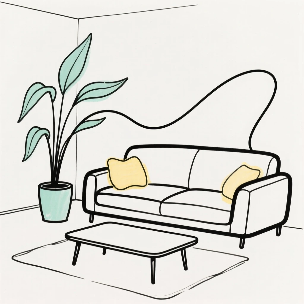 A minimalist living room with a single plant