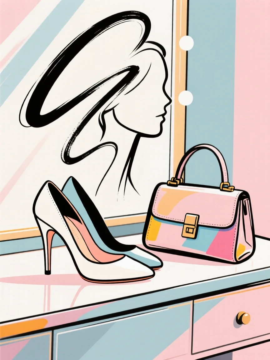 A pair of stylish high heels resting beside a handbag on a vanity.