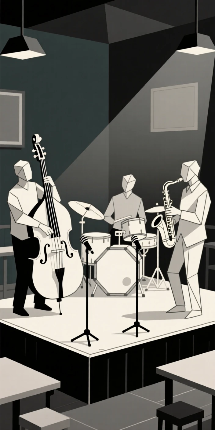 A jazz trio performing in a dimly lit club