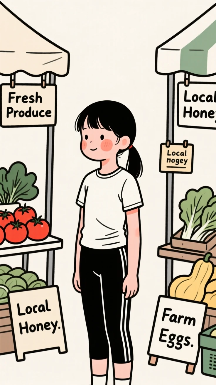 A seven-year-old girl of Japanese heritage in athletic workout wear, looking serene and at peace, at a countryside farmers market.