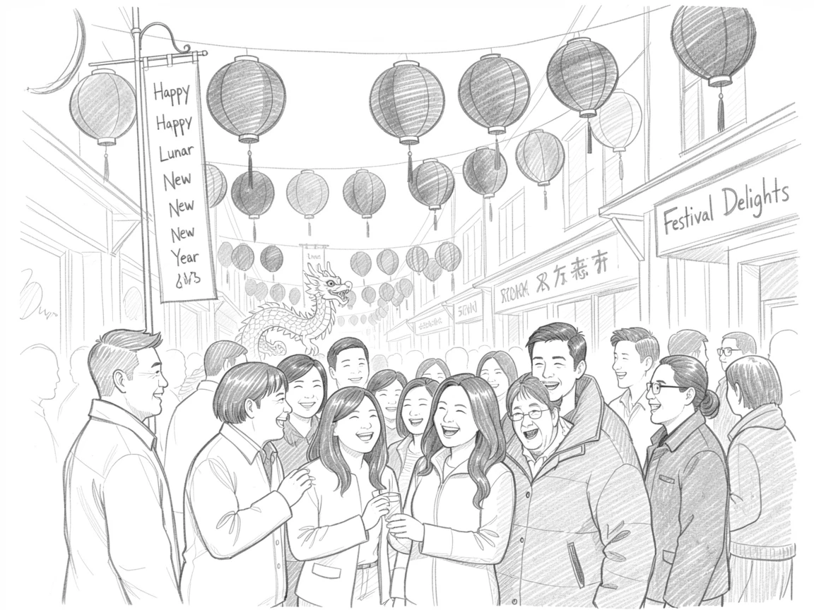 A joyful holiday moment: a Lunar New Year street festival with red lanterns surrounded by loved ones, with an atmosphere of celebration and togetherness.